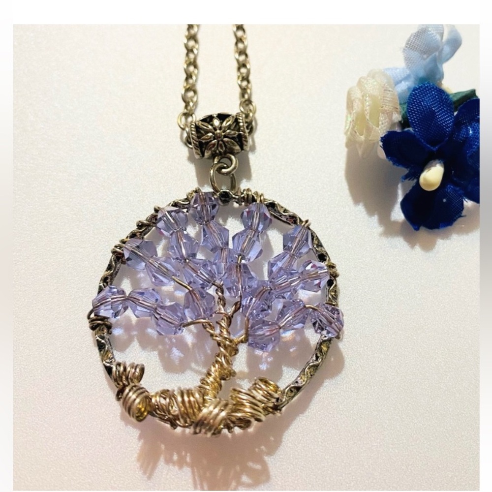 Elegant Purple Crystal Beaded Tree Pendant Necklace